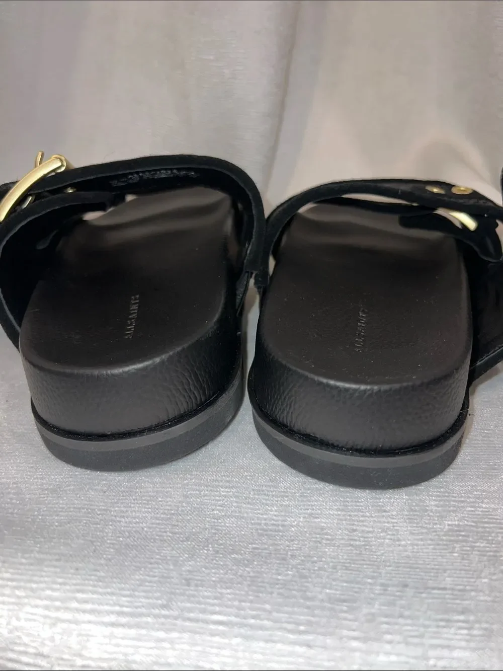 AllSaints Black Woven Double-Strap Slides with Metallic Buckles SB9